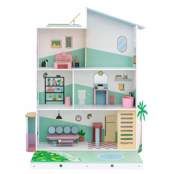 Casa delle bambole XXL 130 cm con ascensore e piscina - in legno, 3 livelli, 15 mobili