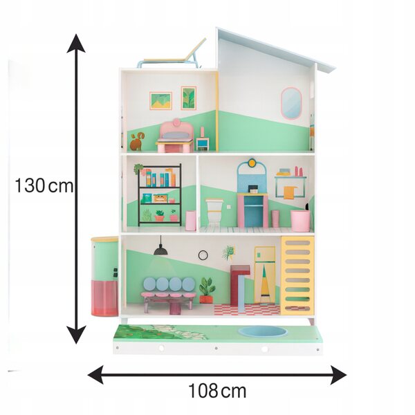 Casa delle bambole XXL 130 cm con ascensore e piscina - in legno, 3 livelli, 15 mobili
