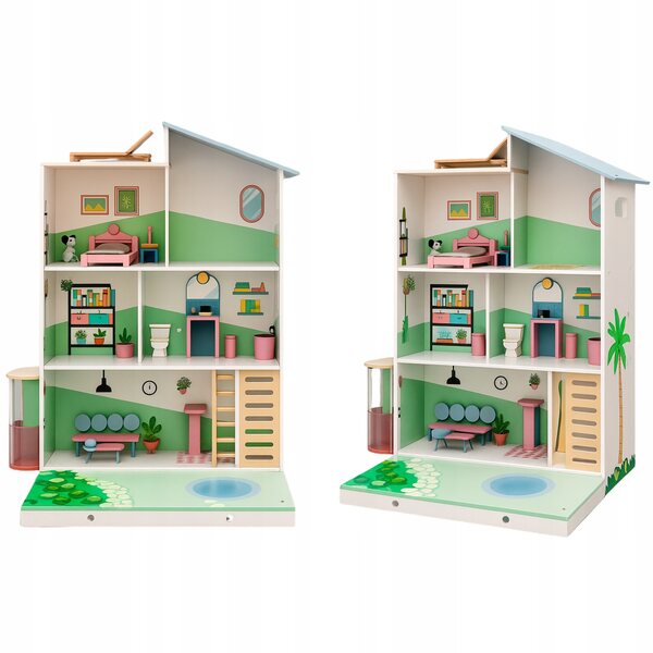 Casa delle bambole XXL 130 cm con ascensore e piscina - in legno, 3 livelli, 15 mobili