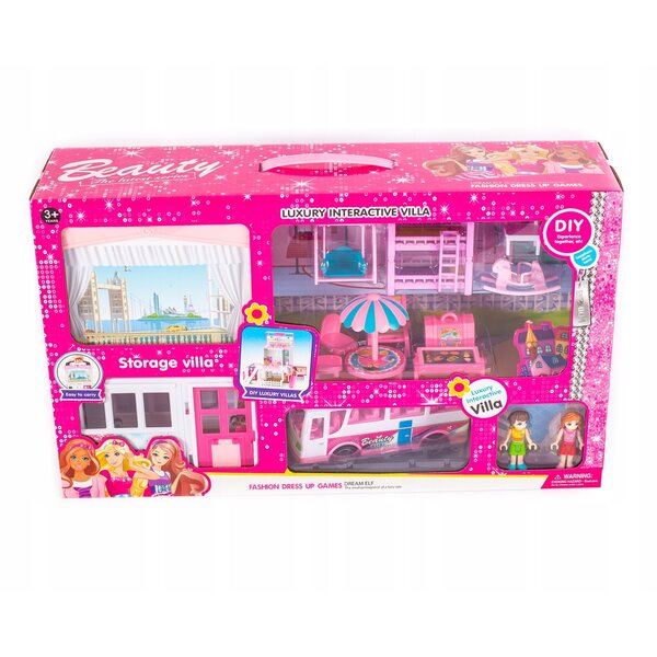 Cottage per bambole in valigia bus con mobili e accessori colorati