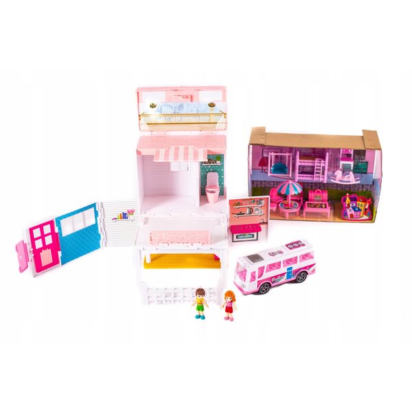 Cottage per bambole in valigia bus con mobili e accessori colorati