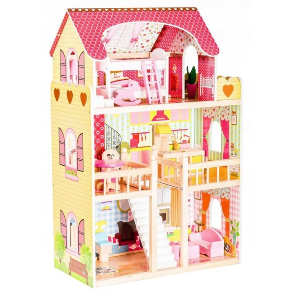 Ecotoys Malinowa Willa 90 cm großes Puppenhaus aus Holz mit Möbeln und Puppen