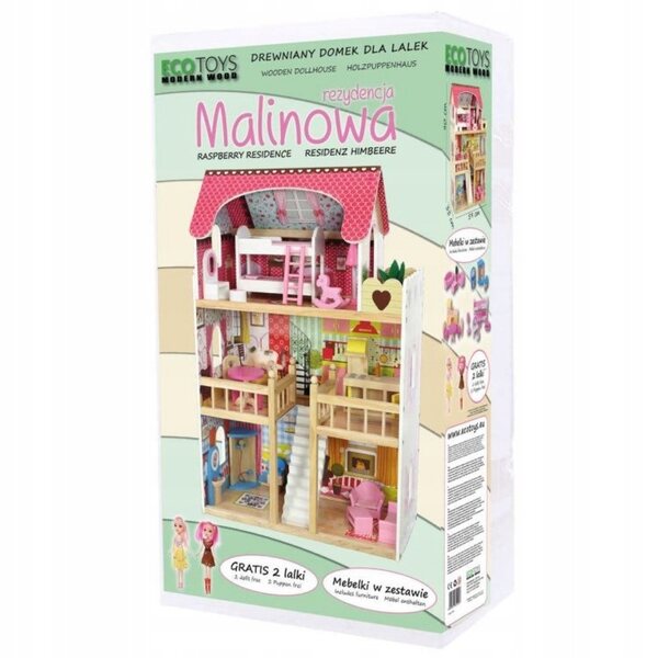Ecotoys Malinowa Willa 90 cm großes Puppenhaus aus Holz mit Möbeln und Puppen
