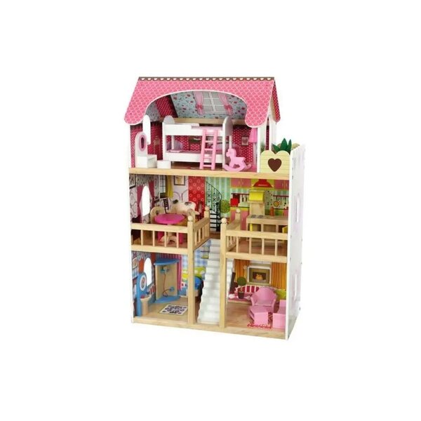 Ecotoys Malinowa Willa 90 cm großes Puppenhaus aus Holz mit Möbeln und Puppen