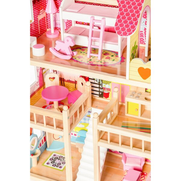 Ecotoys Malinowa Willa 90 cm großes Puppenhaus aus Holz mit Möbeln und Puppen