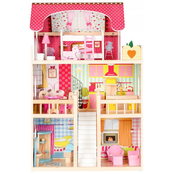 Ecotoys Malinowa Willa 90 cm großes Puppenhaus aus Holz mit Möbeln und Puppen