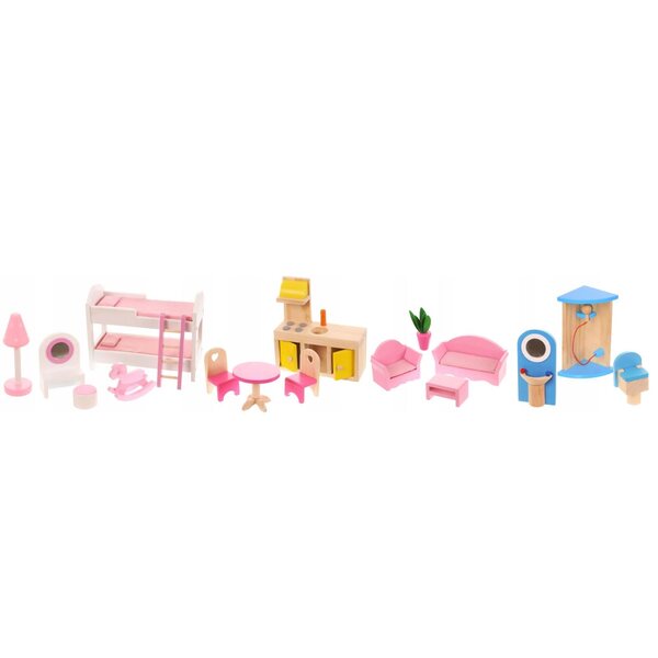 Ecotoys Malinowa Willa 90 cm großes Puppenhaus aus Holz mit Möbeln und Puppen