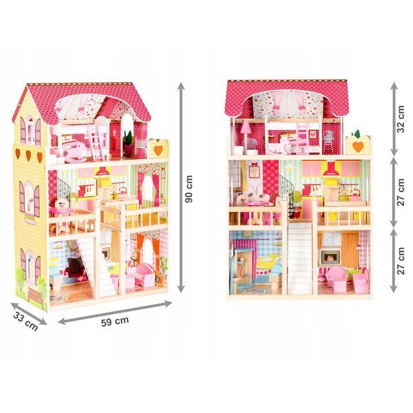 Ecotoys Malinowa Willa 90 cm großes Puppenhaus aus Holz mit Möbeln und Puppen