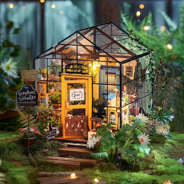 Maison miniature en bois DIY avec serre, éclairage LED et kit créatif pour adulte