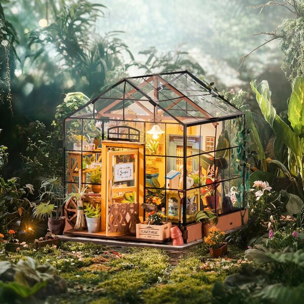 Maison miniature en bois DIY avec serre, éclairage LED et kit créatif pour adulte