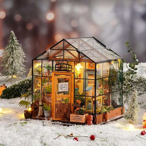 Maison miniature en bois DIY avec serre, éclairage LED et kit créatif pour adulte