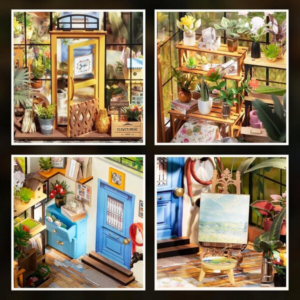 Maison miniature en bois DIY avec serre, éclairage LED et kit créatif pour adulte