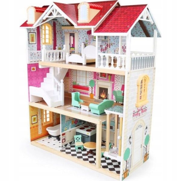 Bino großes Puppenhaus aus Holz mit drei Etagen und Zubehör für Kinder