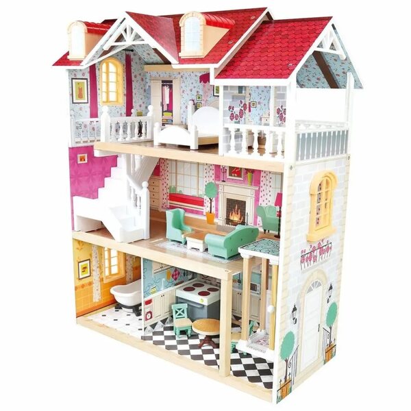 Bino großes Puppenhaus aus Holz mit drei Etagen und Zubehör für Kinder