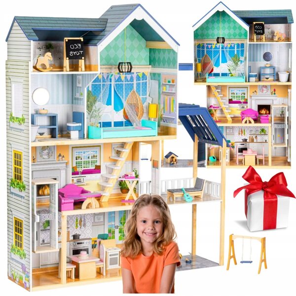 Grande casa delle bambole in legno con mobili, 4 piani e 7 stanze per bambine