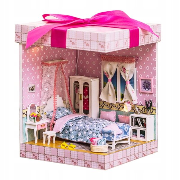 19 cm großes Habarri-Puppenhaus zum Selbermachen mit LED-Beleuchtung und dekorativem Schlafzimmer