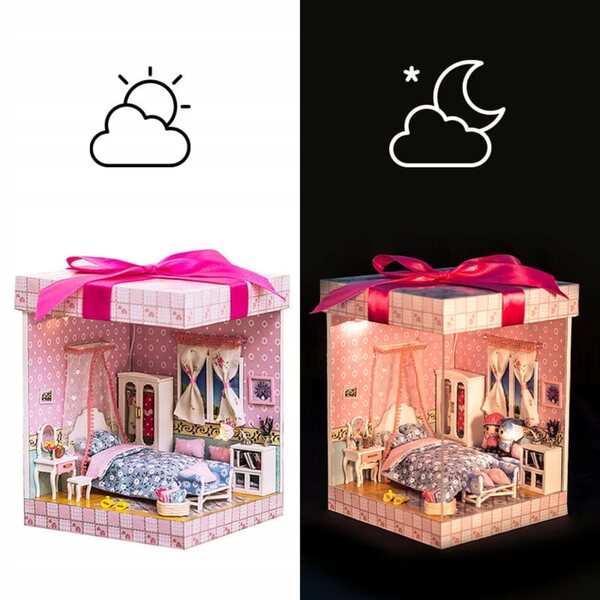19 cm großes Habarri-Puppenhaus zum Selbermachen mit LED-Beleuchtung und dekorativem Schlafzimmer