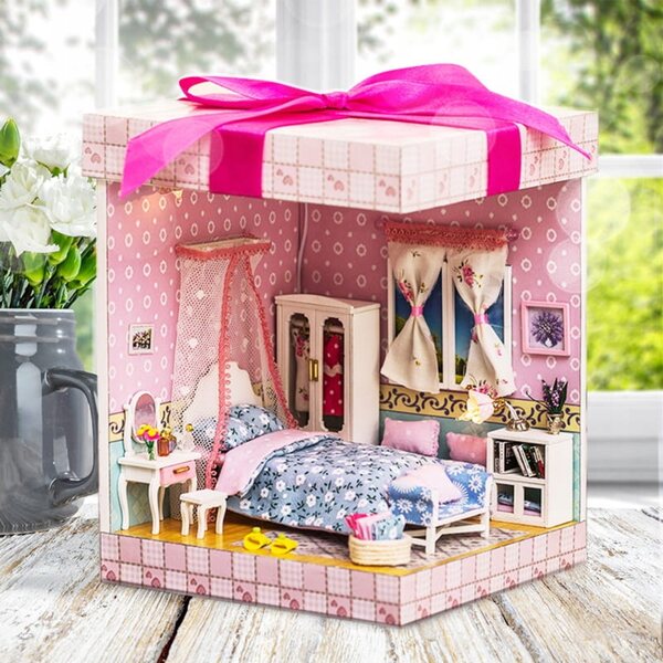 19 cm großes Habarri-Puppenhaus zum Selbermachen mit LED-Beleuchtung und dekorativem Schlafzimmer