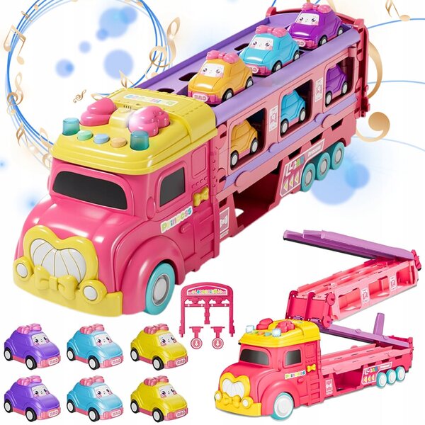 Camion Giocattolo con 6 Auto, Pista Doppia, Suoni e Luci per Bambini 3+