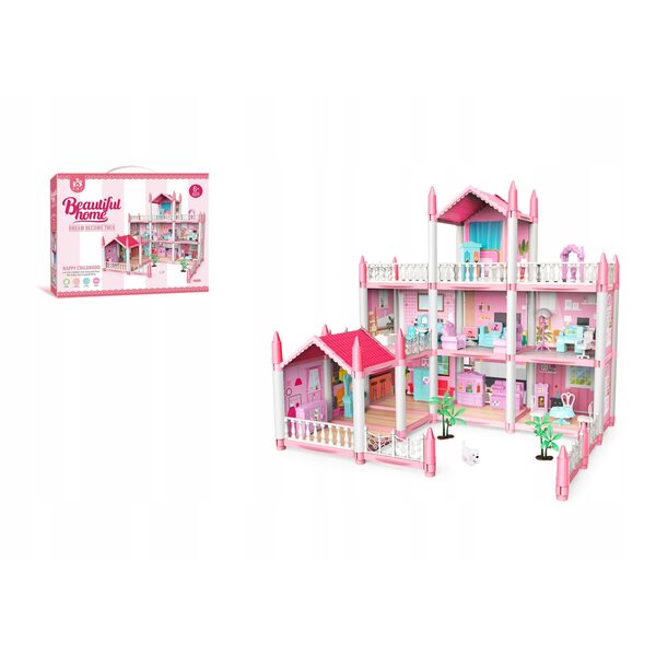 Cottage per bambole rosa con 3 piani, 7 stanze e mobili inclusi, gioco creativo