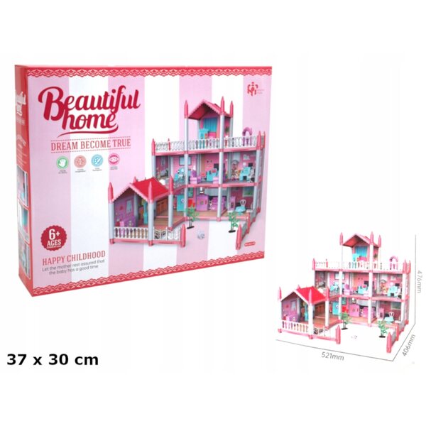 Cottage per bambole rosa con 3 piani, 7 stanze e mobili inclusi, gioco creativo
