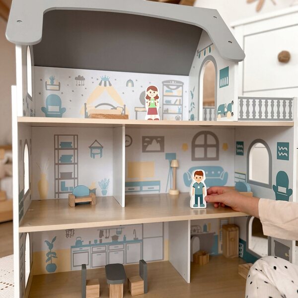 Großes weißes Puppenhaus aus Holz mit 3 Etagen und Zubehör inklusive
