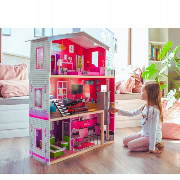 Große Holz-Domus für 114-cm-Puppen mit Lift, Möbel und Puppe im Lieferumfang enthalten