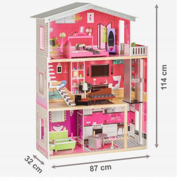 Große Holz-Domus für 114-cm-Puppen mit Lift, Möbel und Puppe im Lieferumfang enthalten