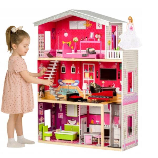 Große Holz-Domus für 114-cm-Puppen mit Lift, Möbel und Puppe im Lieferumfang enthalten