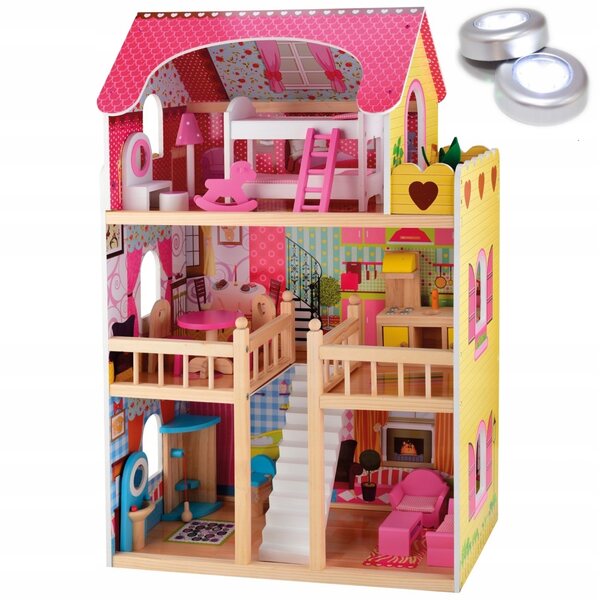 LENA 90 cm Puppenhaus mit Möbeln und LED-Lampen, aus Holz, sicher und kreativ