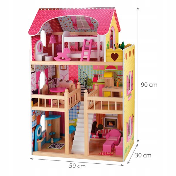 LENA 90 cm Puppenhaus mit Möbeln und LED-Lampen, aus Holz, sicher und kreativ