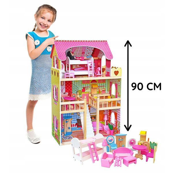 LENA 90 cm Puppenhaus mit Möbeln und LED-Lampen, aus Holz, sicher und kreativ