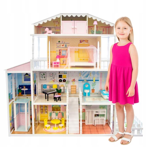 Monika Holzpuppenhaus 4 Etagen mit Aufzug und Möbeln 133 cm XXL