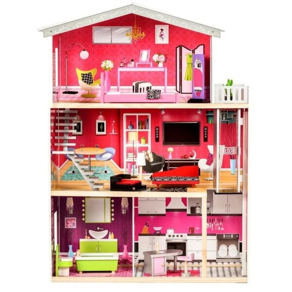 Derrson Charlotte Puppenhaus aus Holz mit 4 Zimmern und Möbeln, 114 cm