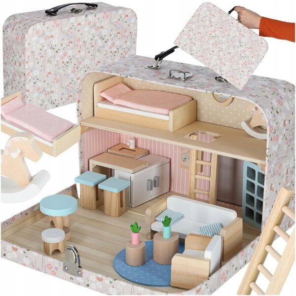 Koffer-Puppenhaus mit Holzmöbeln und tragbarem Zubehör für Kinder