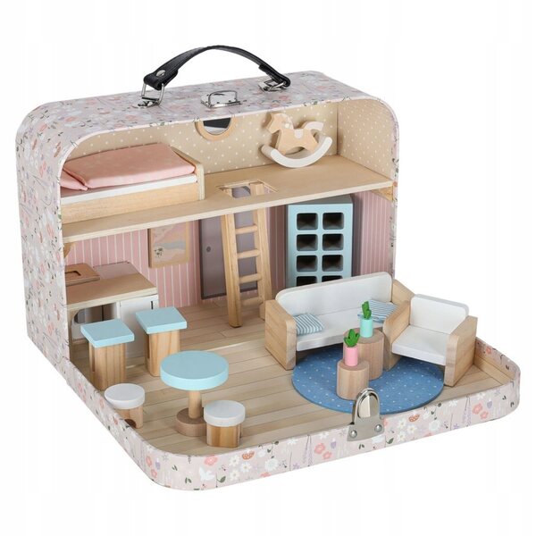 Koffer-Puppenhaus mit Holzmöbeln und tragbarem Zubehör für Kinder