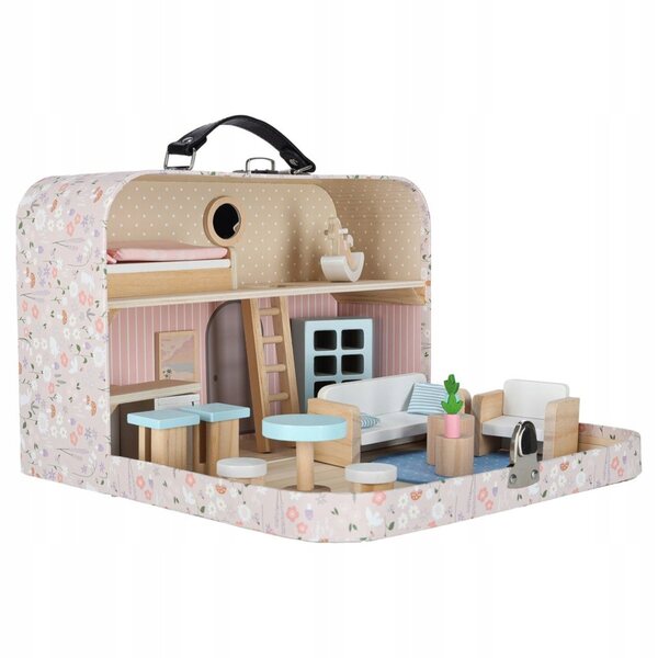 Koffer-Puppenhaus mit Holzmöbeln und tragbarem Zubehör für Kinder