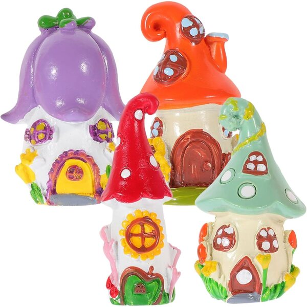 Set 4 Miniature in Resina Casa e Vasi per Decorazioni Giardino e Interni