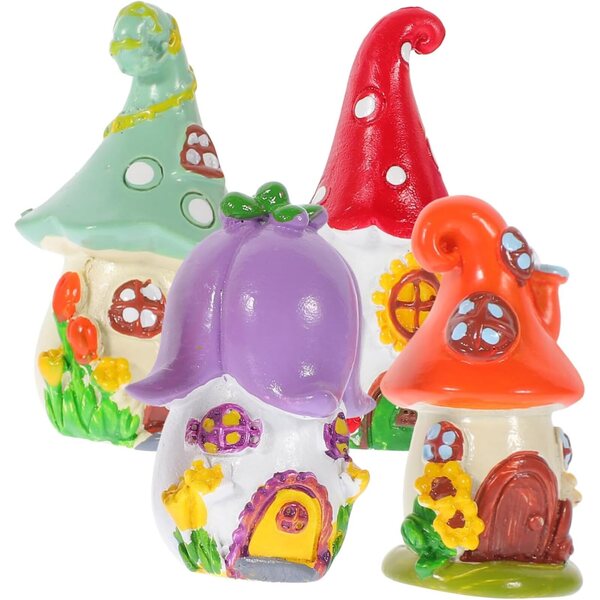 Set 4 Miniature in Resina Casa e Vasi per Decorazioni Giardino e Interni