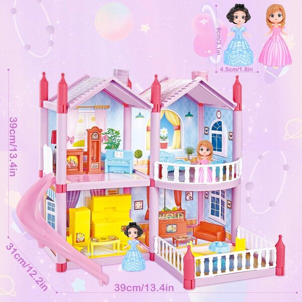 Grande Casa delle Bambole con Scivolo, Mobili e Giardino per Bambini 2+