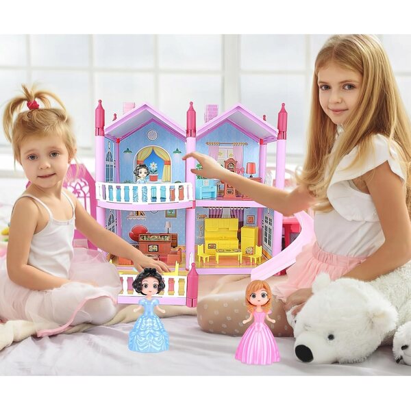 Grande Casa delle Bambole con Scivolo, Mobili e Giardino per Bambini 2+