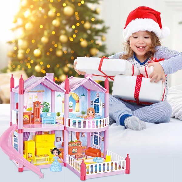 Grande Casa delle Bambole con Scivolo, Mobili e Giardino per Bambini 2+
