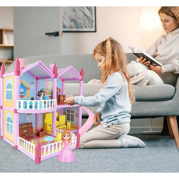 Grande Casa delle Bambole con Scivolo, Mobili e Giardino per Bambini 2+