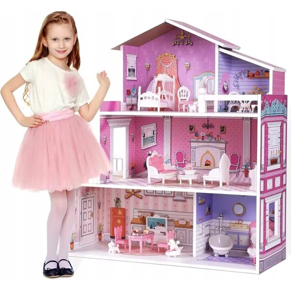 Casa delle bambole in legno Victoria 70 cm con 3 livelli e 20 mobili