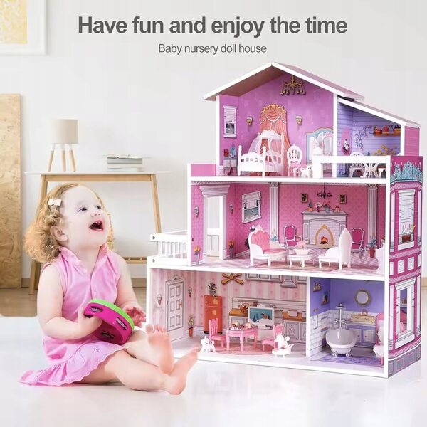 Casa delle bambole in legno Victoria 70 cm con 3 livelli e 20 mobili