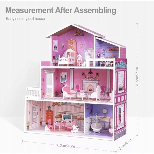 Casa delle bambole in legno Victoria 70 cm con 3 livelli e 20 mobili