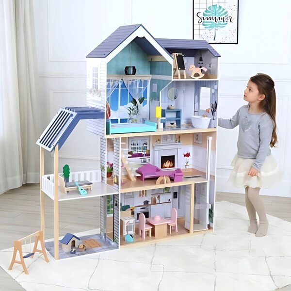 Grande casa di legno per bambole a 4 piani con 28 mobili colorati, 138,5 cm
