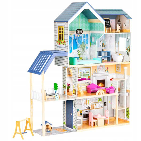 Grande casa di legno per bambole a 4 piani con 28 mobili colorati, 138,5 cm
