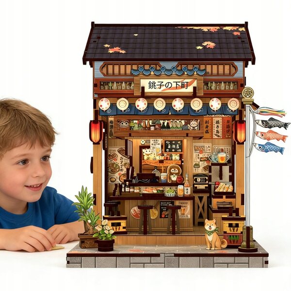Japanisches Miniatur-Izakaya-Haus aus Holz mit LED-Touch-Beleuchtung