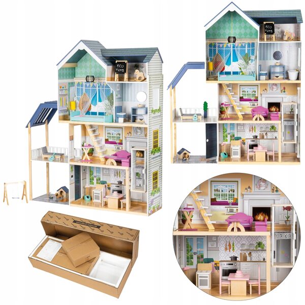 Grande Casa delle Bambole in Legno 138 cm con 28 Mobili Colorati per Bambini
